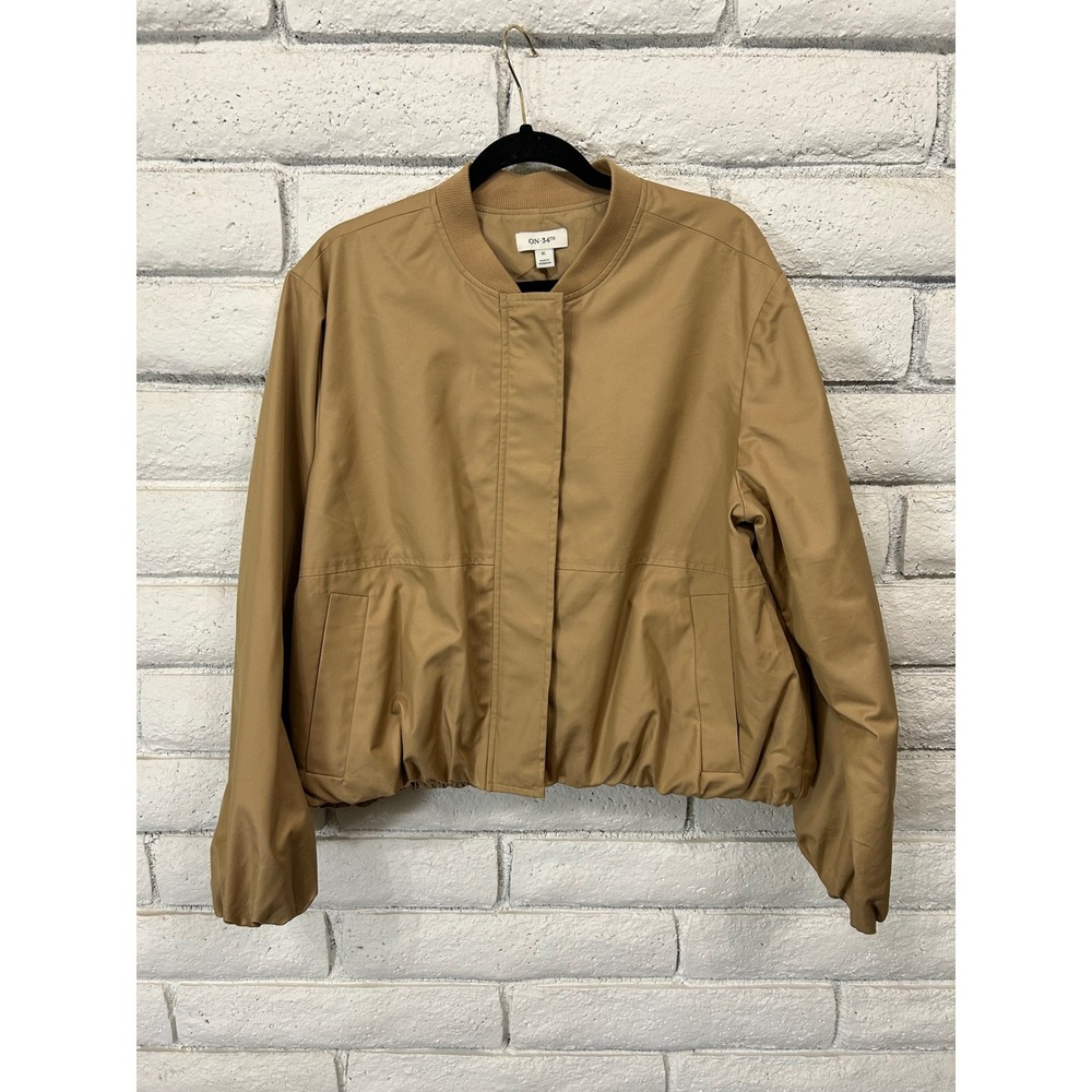 On 34th Womens Tan Camel Bomber Jacket Full Zip Snap Front Ribbed Collar XL